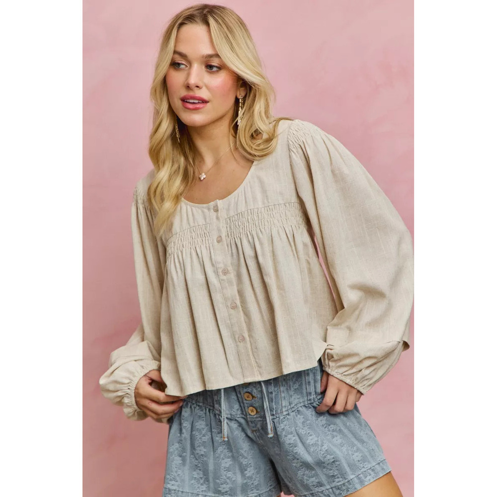 SO ME Linen Blend Woven Long Sleeve With Smocking Top